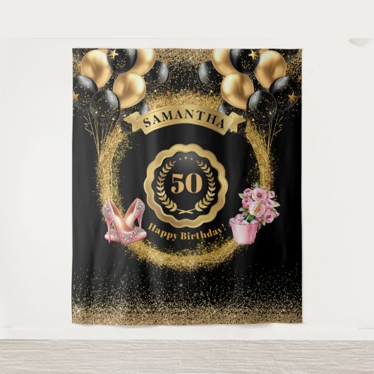 50e Verjaardag Party Tapestry Gouden Glitter Ballo Wandkleed (Voorkant)