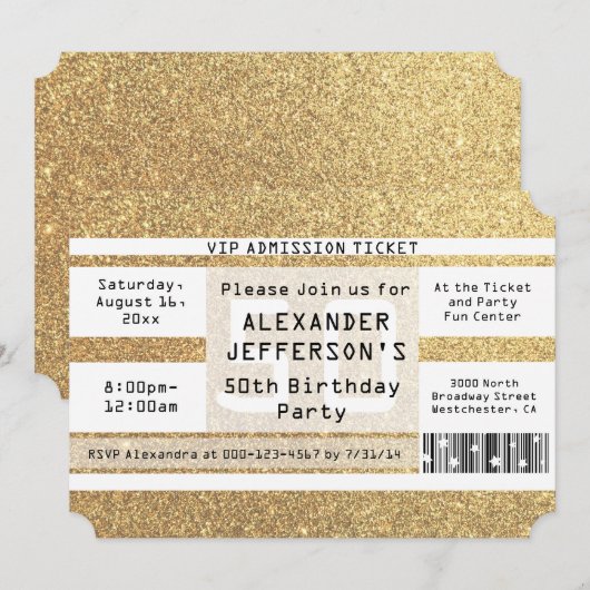 50e verjaardag Party Ticket Shaped Gold Sparkle Kaart (Voorkant / Achterkant)