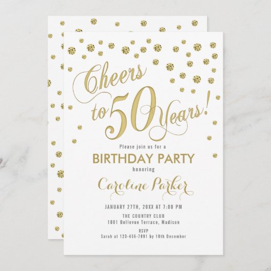 50e verjaardag Party uitnodiging - Goud Wit (Voorkant / Achterkant)