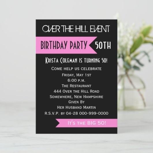 50e verjaardag Party uitnodiging Roze Over de Heuv (Staand voorkant)