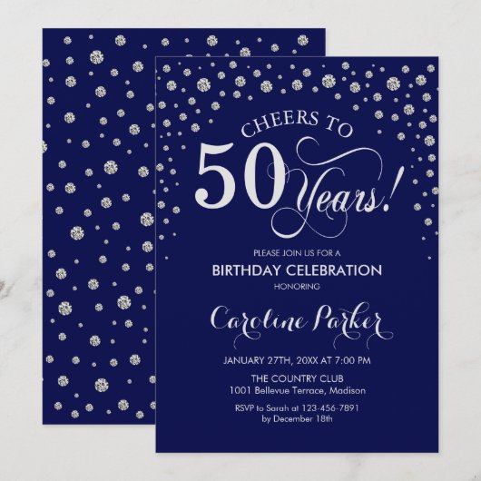 50e verjaardag Party uitnodiging - Zilver Navy Bla (Voorkant / Achterkant)