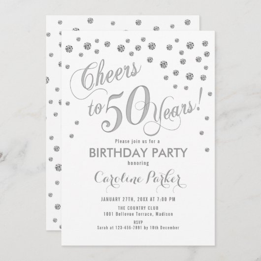 50e verjaardag Party uitnodiging - Zilver Wit (Voorkant / Achterkant)