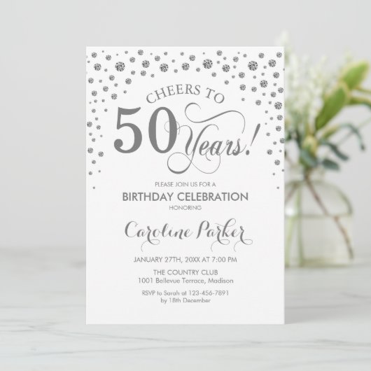 50e verjaardag Party uitnodiging - Zilver Wit (Staand voorkant)