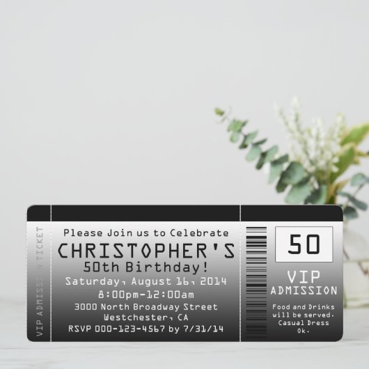 50e verjaardag Party uitnodiging zwart wit ticket (Staand voorkant)