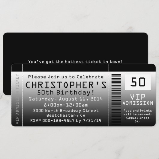 50e verjaardag Party uitnodiging zwart wit ticket (Voorkant / Achterkant)