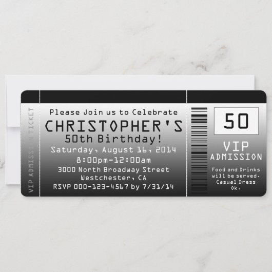 50e verjaardag Party uitnodiging zwart wit ticket (Voorkant)