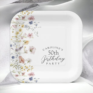 50e Verjaardag Party Wildflowers Waterverf Floral Papieren Bordje