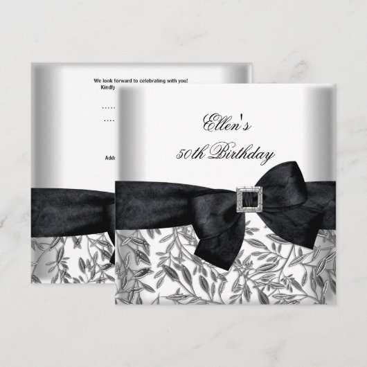 50e Verjaardag Party Wit Zilveren Juweel Black Bow Kaart (Voorkant / Achterkant)