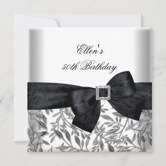 50e Verjaardag Party Wit Zilveren Juweel Black Bow Kaart (Voorkant)