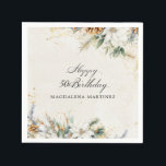 50e Verjaardag Party Witte Winter Bloemen Custom Servet<br><div class="desc">Elegante winterwitte bloemen zijn genesteld in dennengroen en pinecones. De zachte ivoorwitte waterverf wasachtergrond is geaccentueerd met gouden vlekken om een verfijnde en chique esthetiek te creëer.</div>