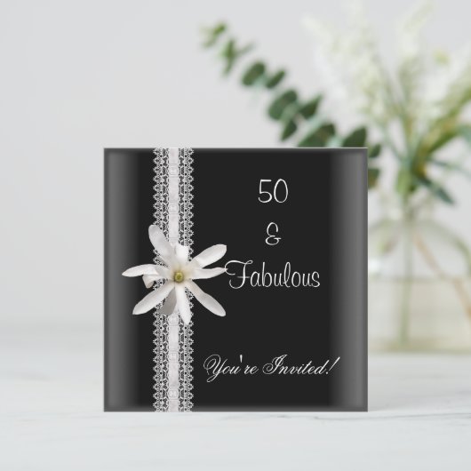 50e Verjaardag Party Zwart Wit Bloem Kant Kaart (Staand voorkant)