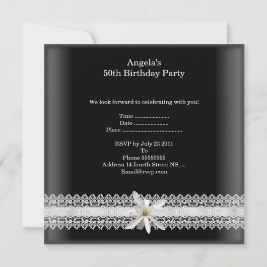 50e Verjaardag Party Zwart Wit Bloem Kant Kaart (Achterkant)