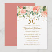 50e verjaardag Peach Gold Floral Invitation Kaart (Voorkant / Achterkant)