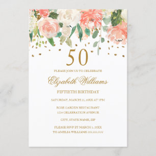 50e verjaardag Peach Gold Floral Invitation Kaart