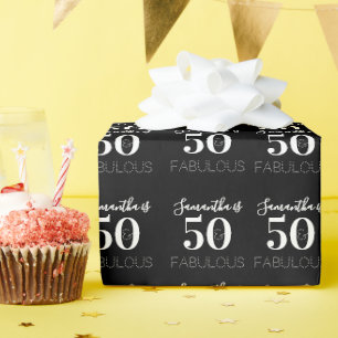 50e verjaardag Persoonlijk 50 Fabulous Black White Cadeaupapier