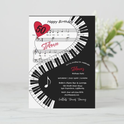 50e verjaardag, Piano Keys Music, Uitnodiging (Staand voorkant)