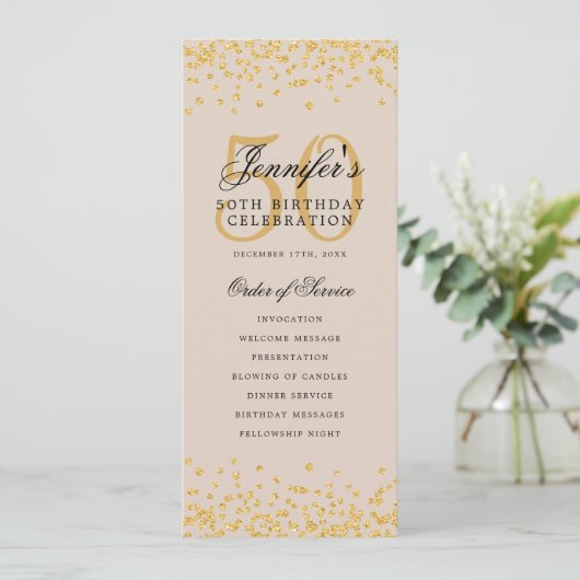 50e verjaardag programma Gold Confetti Menu Champa (Staand voorkant)