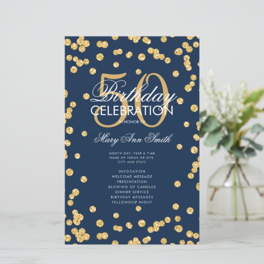 50e verjaardag Programma Gold Glitter Menu Navy (Staand voorkant)