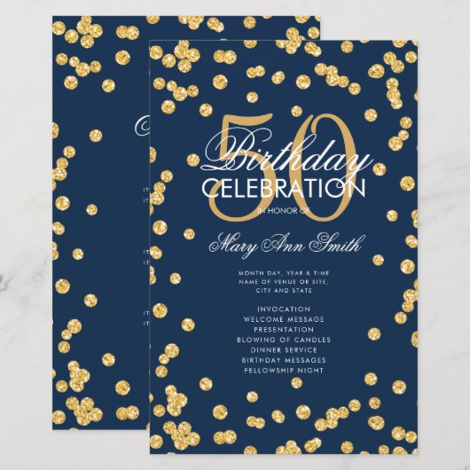 50e verjaardag Programma Gold Glitter Menu Navy (Voorkant / Achterkant)