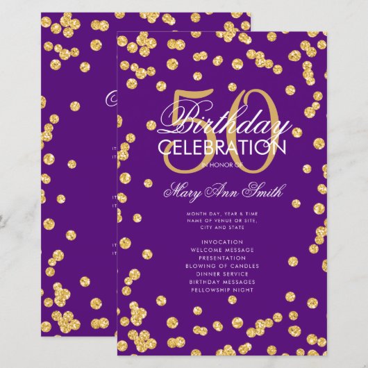 50e verjaardag Programma Gold Glitter Menu Paars (Voorkant / Achterkant)