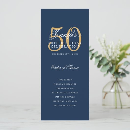 50e Verjaardag Programma Gold Navy Blauw Dank U (Staand voorkant)