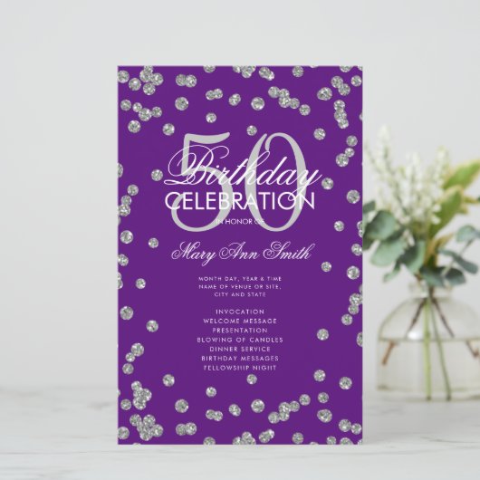 50e verjaardag Programma Silver Glitter Menu Paars (Staand voorkant)