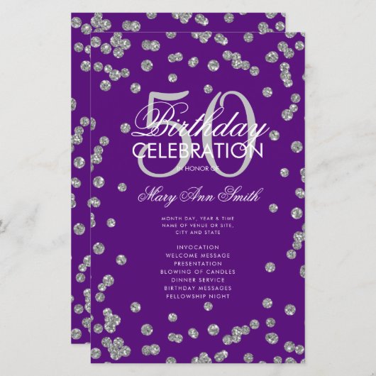 50e verjaardag Programma Silver Glitter Menu Paars (Voorkant / Achterkant)