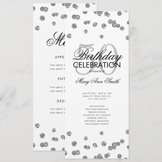50e verjaardag Programma Silver Glitter met Menu (Voorkant / Achterkant)