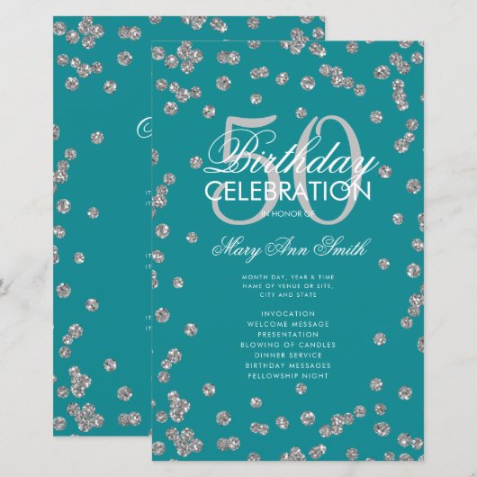 50e verjaardag Programma Silver Glitter met Menu B (Voorkant / Achterkant)