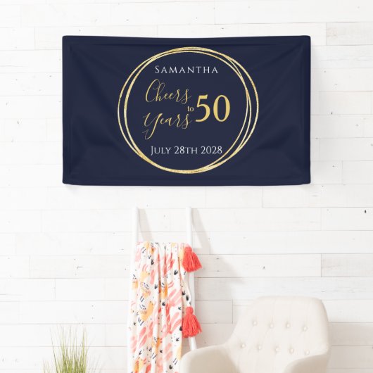50e verjaardag Proost 50 jaar Navy Gold Party Spandoek (Insitu)