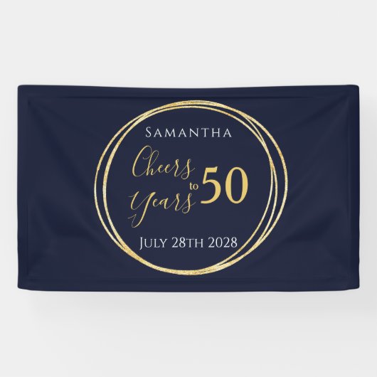 50e verjaardag Proost 50 jaar Navy Gold Party Spandoek (Horizontaal)