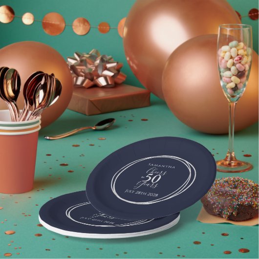 50e verjaardag Proost op 50 jaar Navy Silver Party Papieren Bordje (Multi)