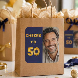 50e verjaardag proost op 50 marineblauwe gouden ba vierkante sticker