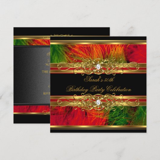 50e verjaardag Red Black Gold Feathers Kaart (Voorkant / Achterkant)
