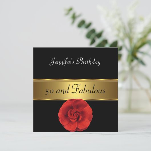 50e verjaardag Red Flower Black Gold Fabulous Kaart (Staand voorkant)
