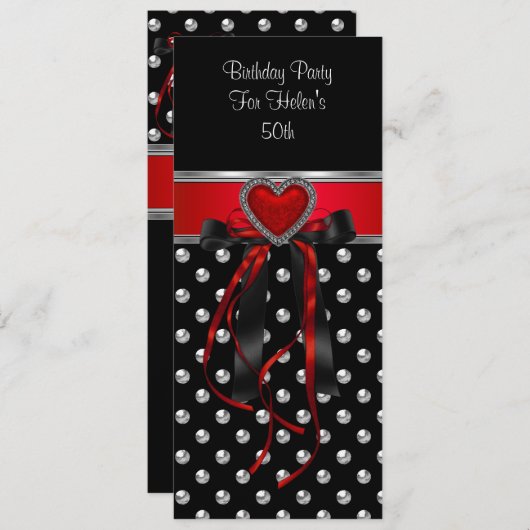 50e verjaardag Red Heart Black Silver Long Kaart (Voorkant / Achterkant)