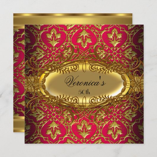 50e verjaardag RED Pink Gold Black Damask Kaart (Voorkant / Achterkant)