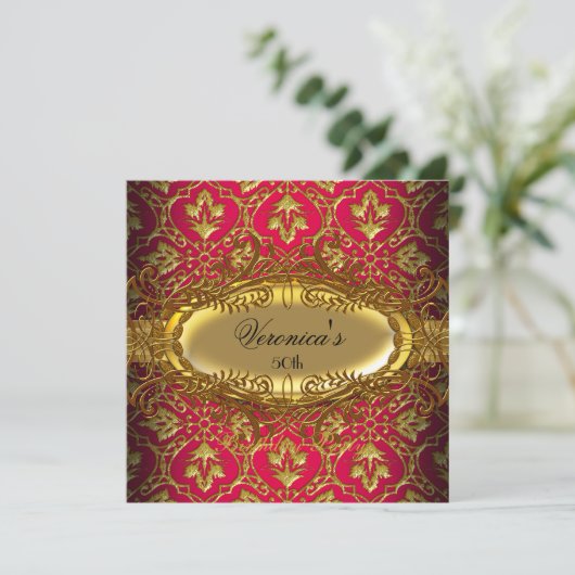 50e verjaardag RED Pink Gold Black Damask Kaart (Staand voorkant)