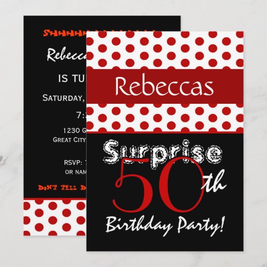 50e verjaardag Red Polka Dots T552 Kaart (Voorkant / Achterkant)