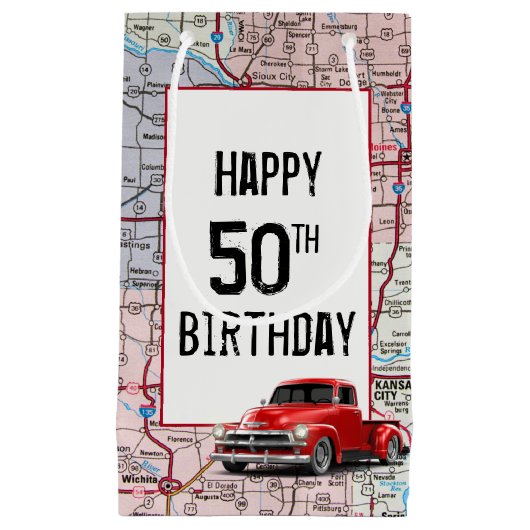 50e verjaardag Red Retro Truck op Kaart Klein Cadeauzakje (Voorkant)
