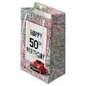 50e verjaardag Red Retro Truck op Kaart Klein Cadeauzakje (Voorkant Gekanteld)