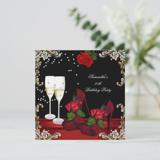 50e verjaardag Red Rose Gold Champagne Kaart (Staand voorkant)