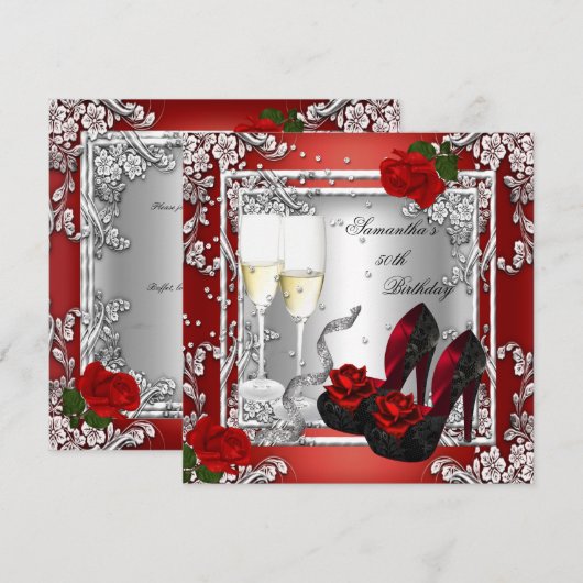 50e verjaardag Red Rose Silver Kaart (Voorkant / Achterkant)