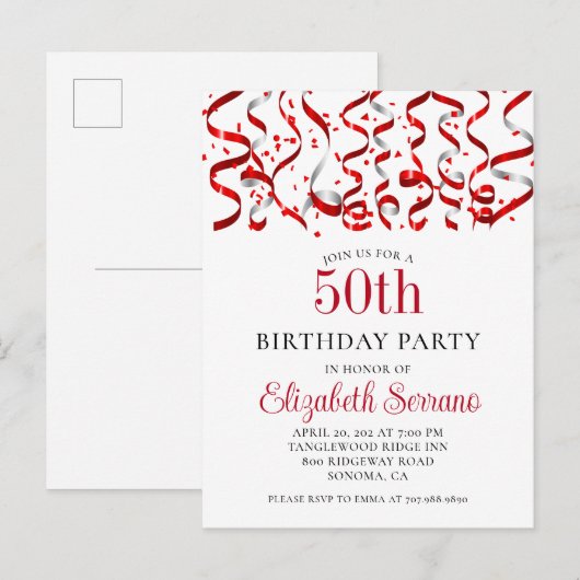 50e verjaardag Red Streamers Confetti Uitnodiging Briefkaart (Voorkant / Achterkant)