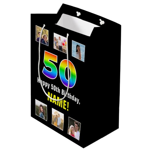 50e verjaardag: Regenboog "50", aangepaste foto's Medium Cadeauzakje (Achterkant Gekanteld)