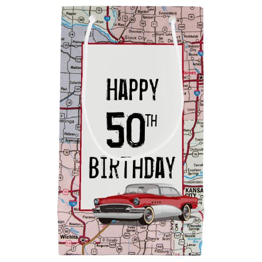 50e verjaardag Retro Buick On Map Klein Cadeauzakje (Voorkant)