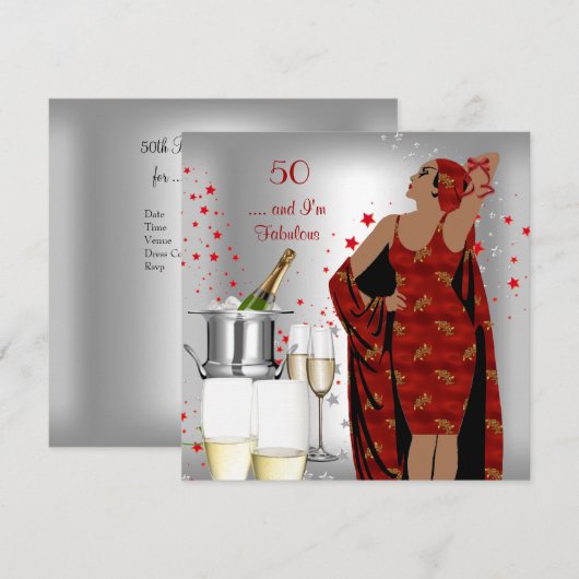 50e verjaardag Retro Diva Art Deco Red Silver Kaart (Voorkant / Achterkant)