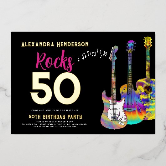 50e verjaardag Rocks 50 Partij Roze Folie Uitnodiging (Voorkant)