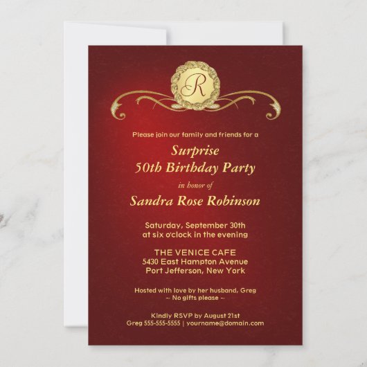 50e verjaardag - Rode & goudmonogram Kaart (Achterkant)