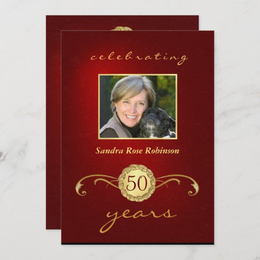 50e verjaardag - Rode & goudmonogram Kaart (Voorkant / Achterkant)